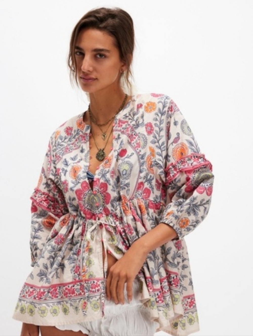 Free People Floral Drawstring Tunic - Pink, Orange, Blue